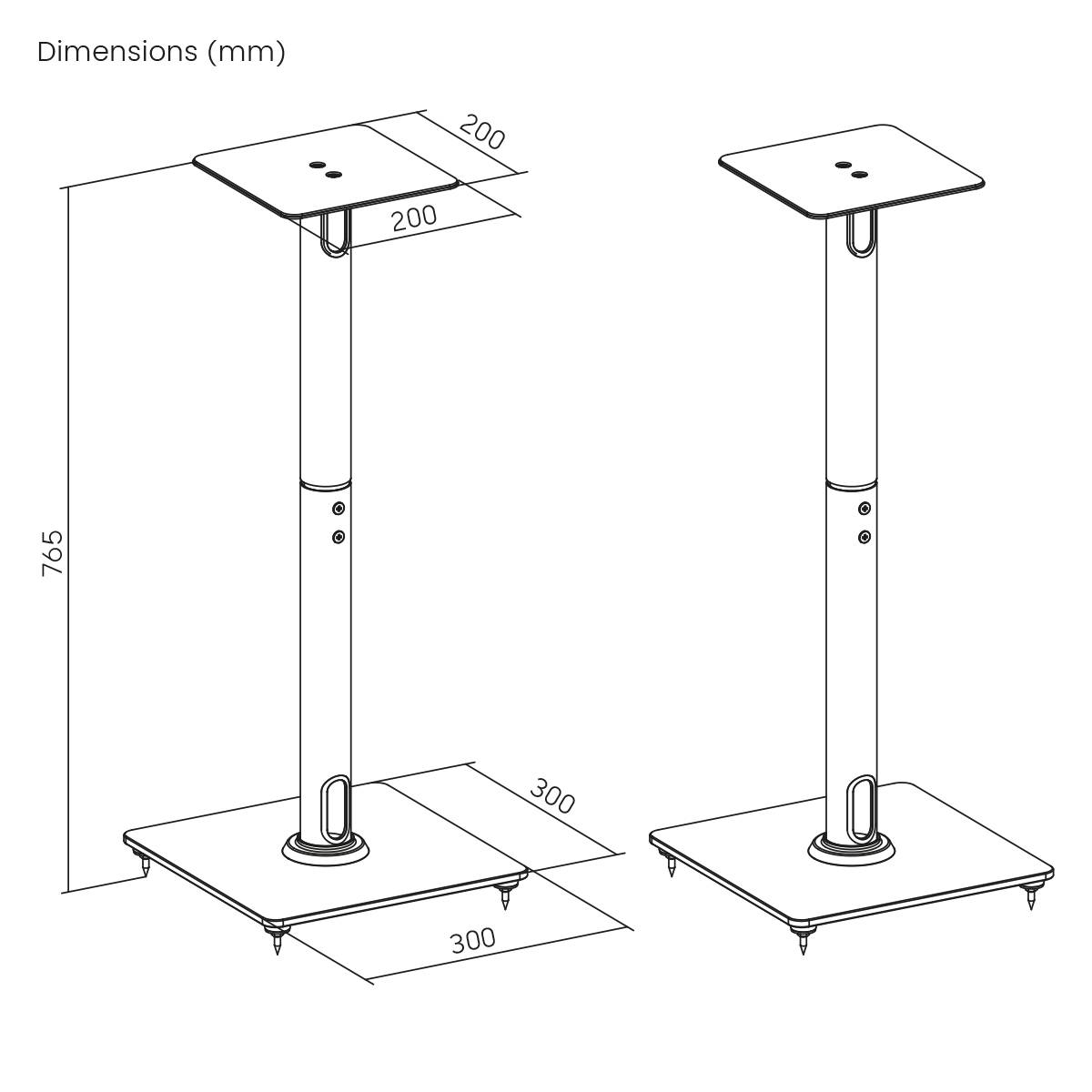 'Dimensions (mm)': Drawing of a speaker stand. Upper platform 200x200 mm, base 300x300 mm, height 765 mm.