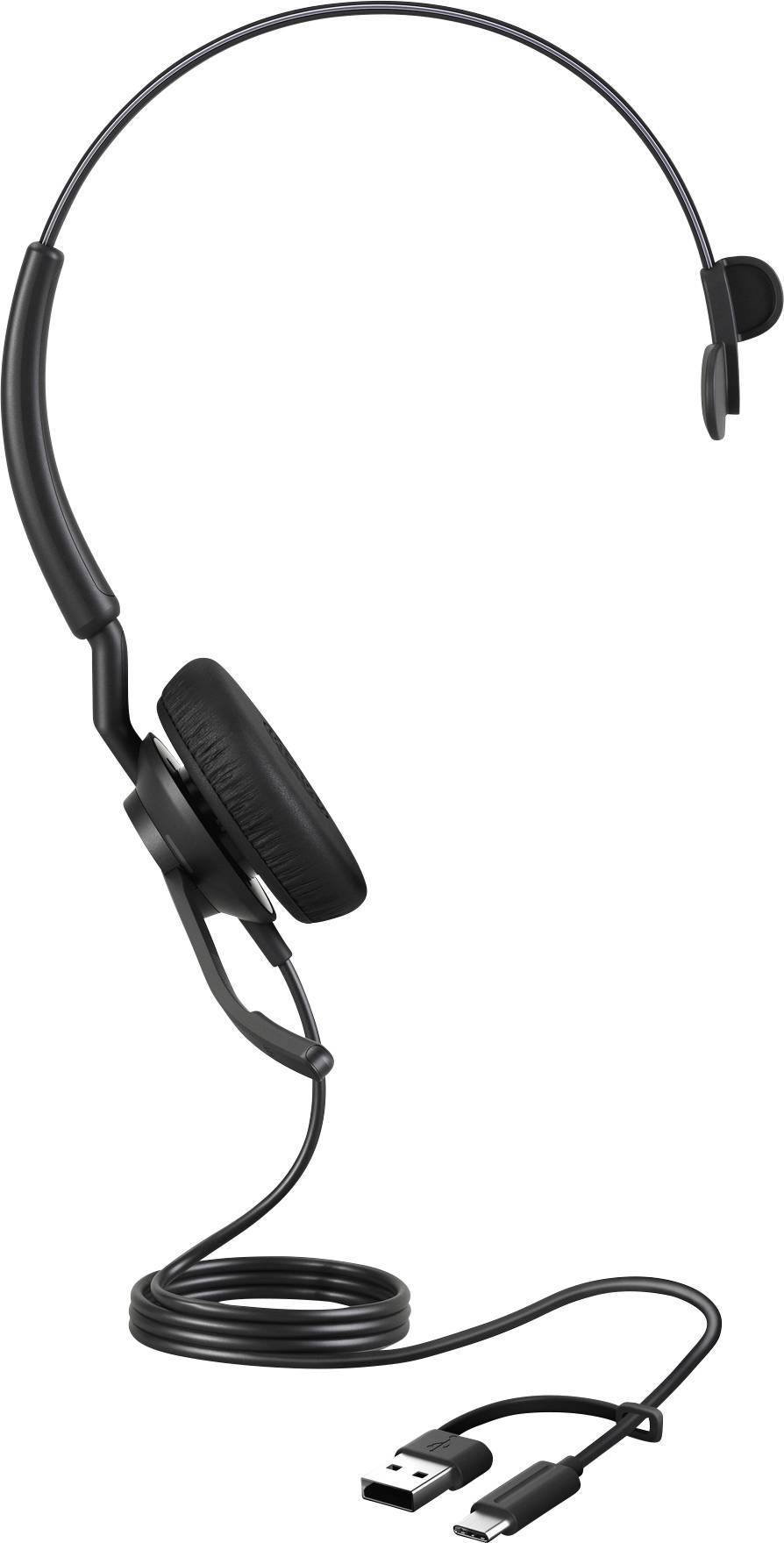 A single-ear black headset with USB connection, suitable for computers or telephone systems, on a white background.