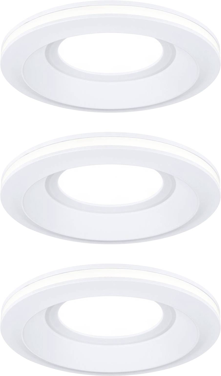 Three round, white LED ceiling lights in a vertical arrangement, each with a central lighting element. Suitable for modern interior spaces.