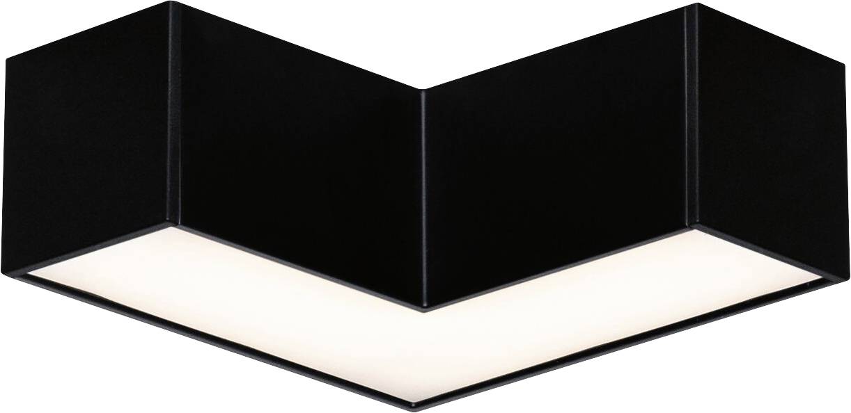Black, angular ceiling light with a V-shaped design, emitting bright, diffused downward light. Modern design for interior spaces.