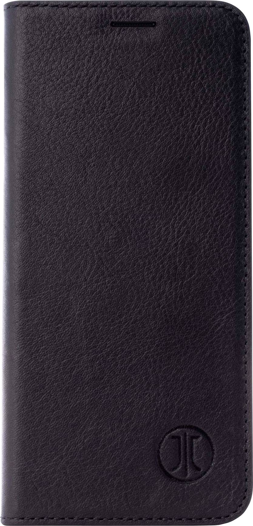 Black leather mobile phone case with embossed logo in the bottom right of the front side.