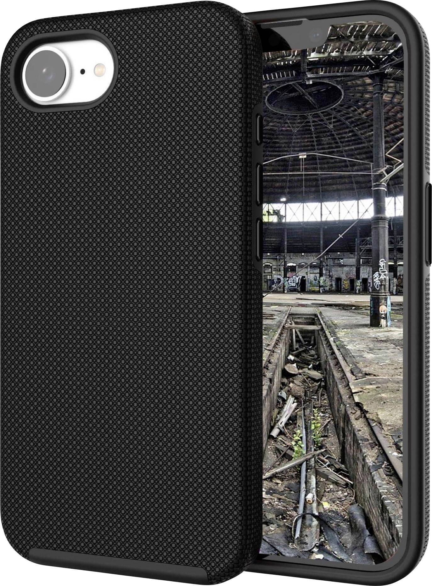 Two smartphones with robust black protective cases. One display shows an abandoned hall with vandalism damage.