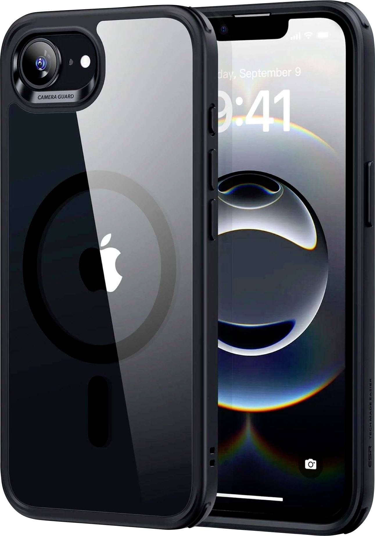 Two iPhones in a black case with the Apple logo, front and back visible, displaying a time on the screen.