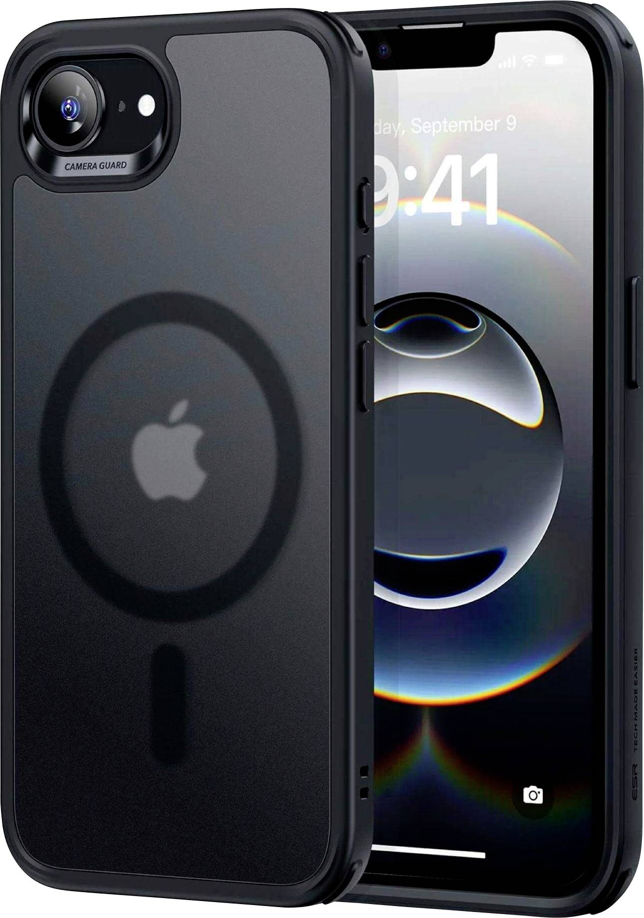 A smartphone with a black protective case, featuring a semi-transparent circular design. The screen displays the time as 09:41.