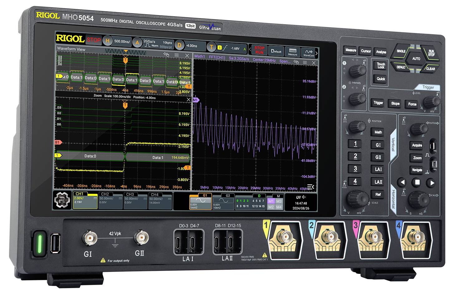 Digital display oscilloscope; shows curves and measurement values on a large screen to analyse electrical signals.