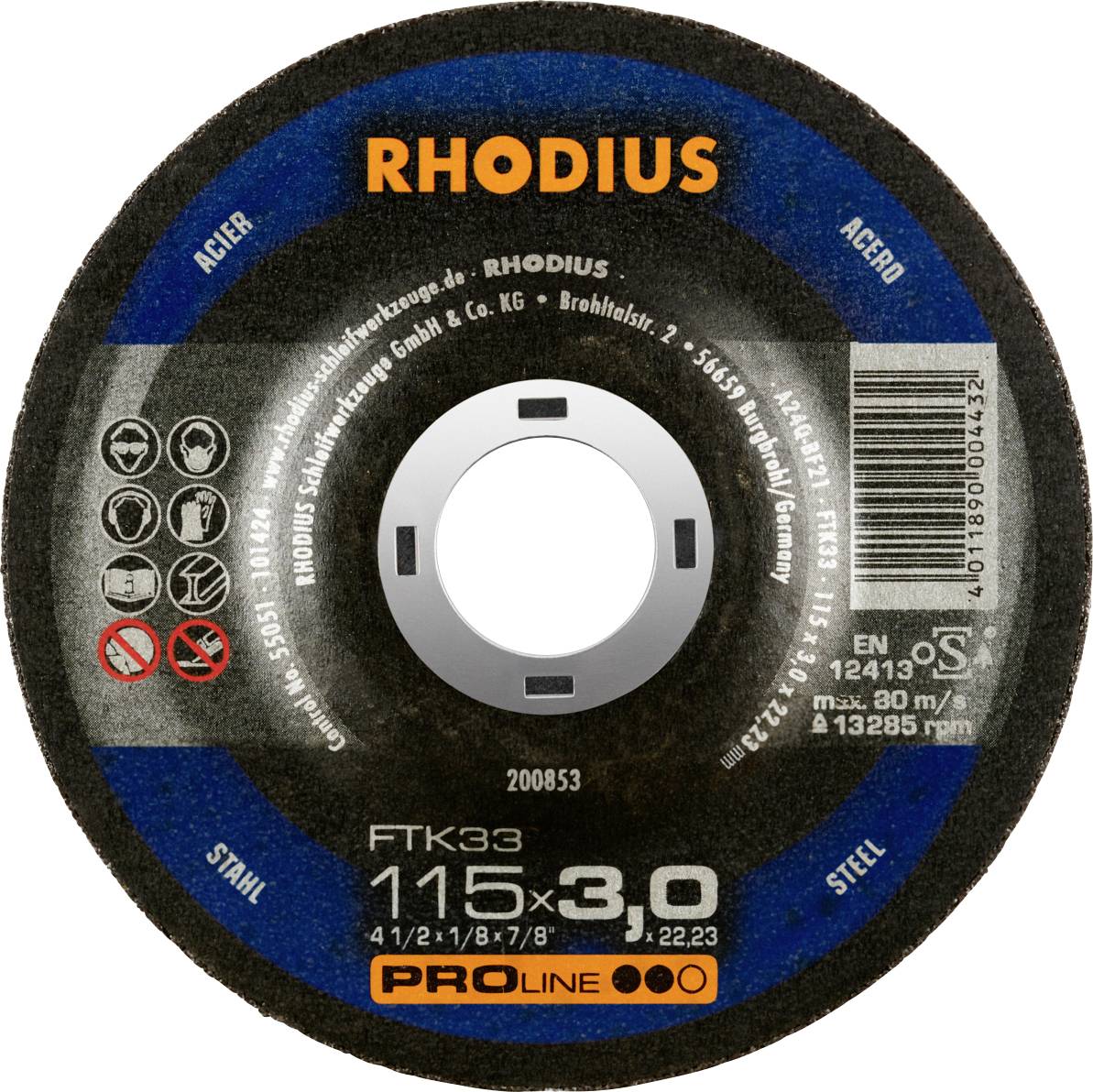 Grinding disc with 'RHODIUS' inscription, diameter 115 mm, thickness 3.0 mm. Suitable for steel, maximum rotation 13,285 per minute.