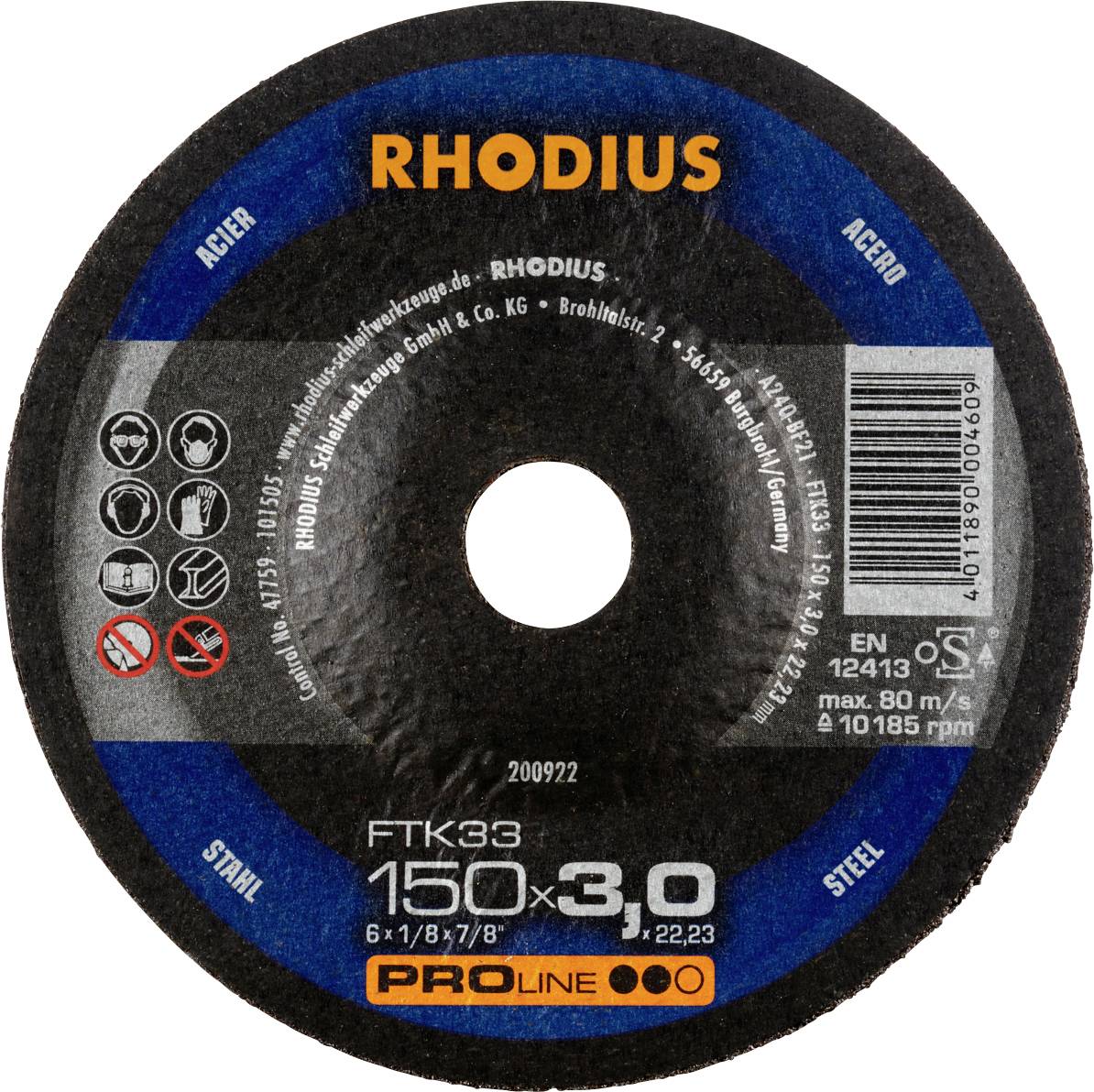 Rhodius grinding disc for steel. Diameter: 150 mm. Warning notices and technical details are printed on the disc.