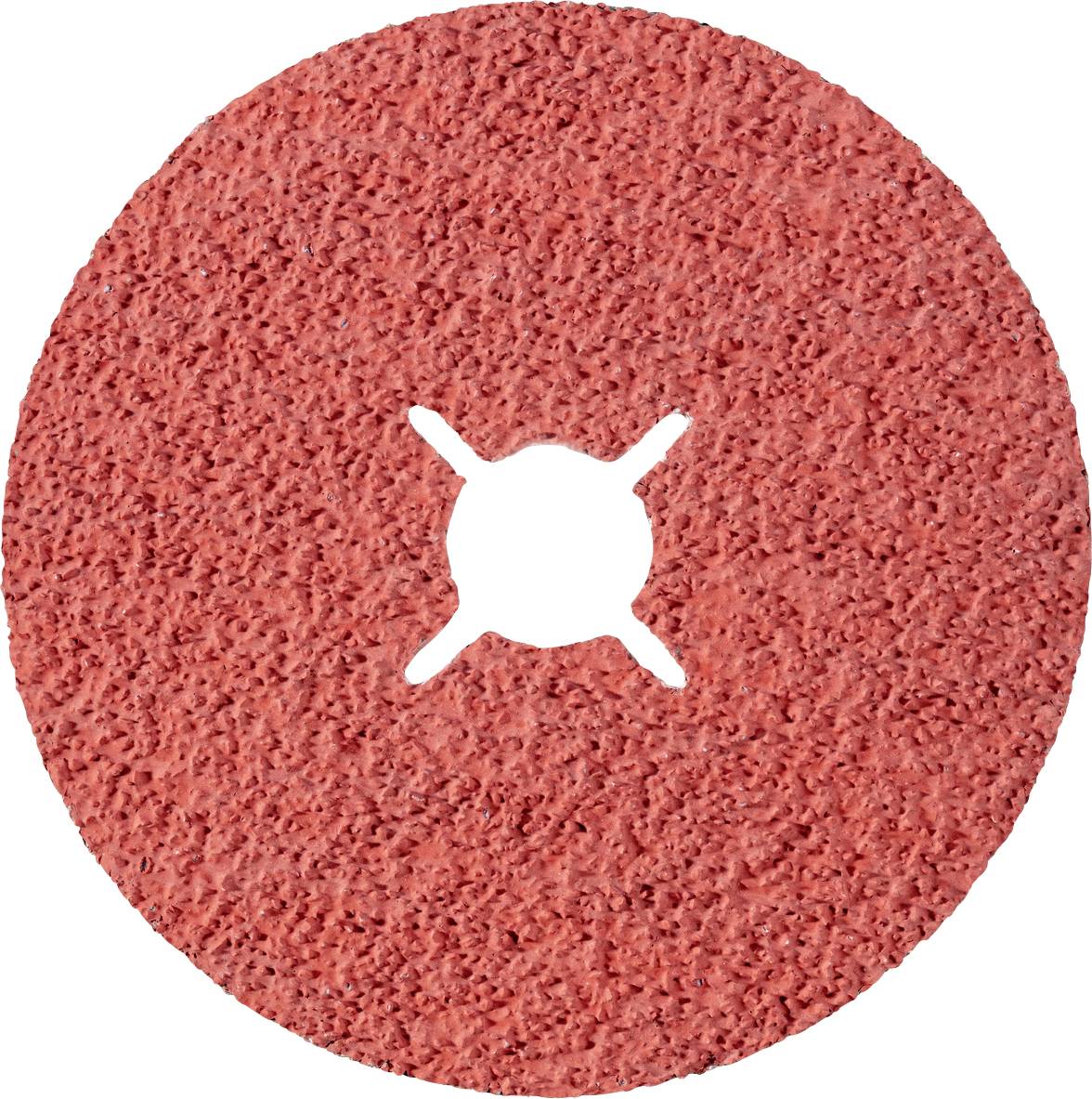 A round, red grinding attachment with a cross-opening in the middle, used for grinding or polishing work on various materials.