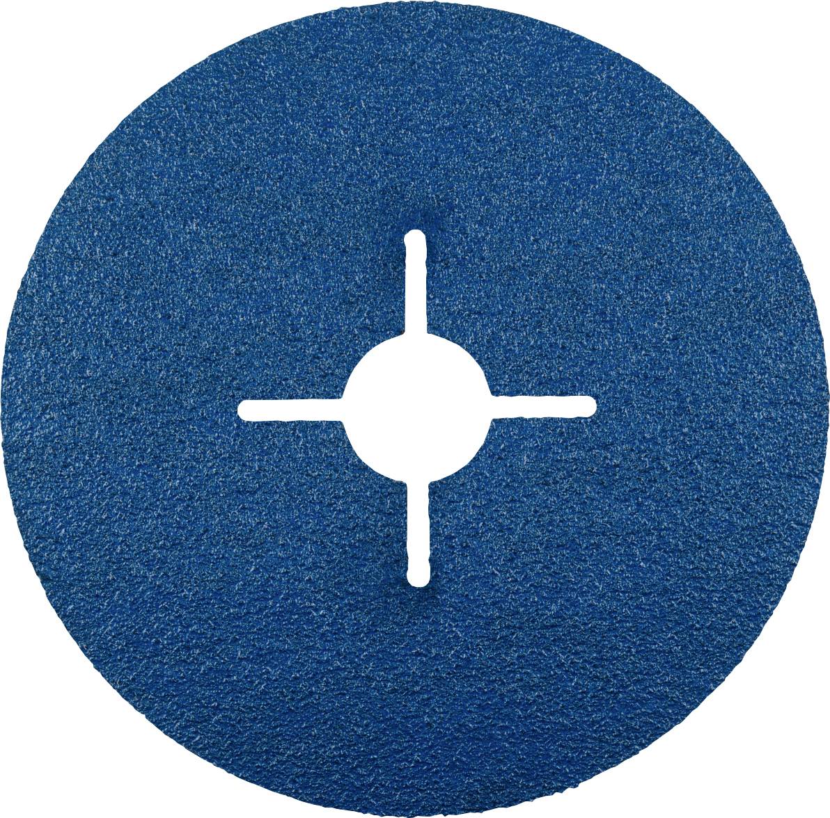 Blue sanding disc with central cross-shaped opening for tool attachment. Suitable for grinding work on metal and wooden surfaces.
