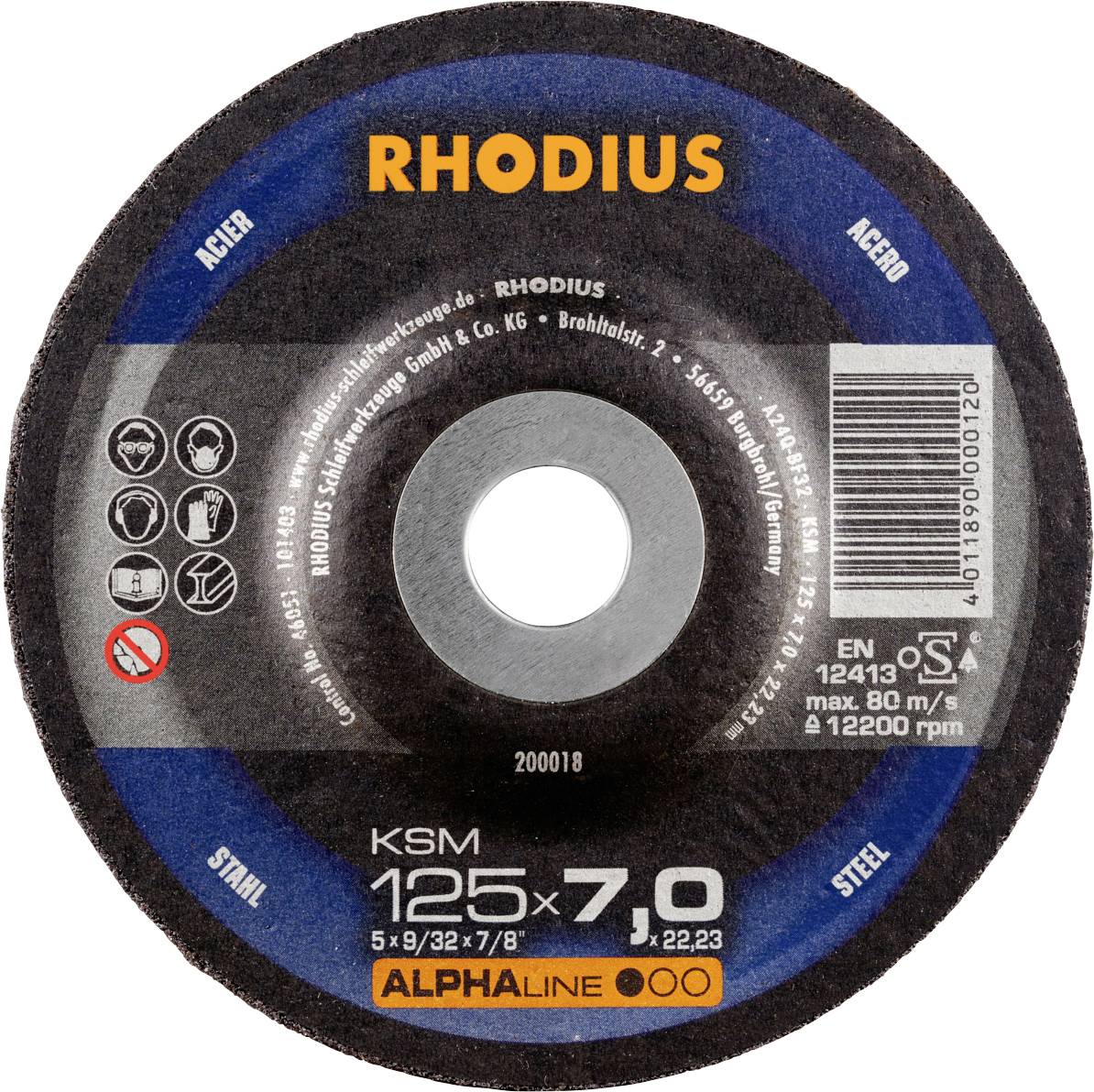 'RHODIUS' grinding disc, suitable for steel and stainless steel. Diameter 125 mm, thickness 7 mm. Further technical details and safety information are indicated on the label.