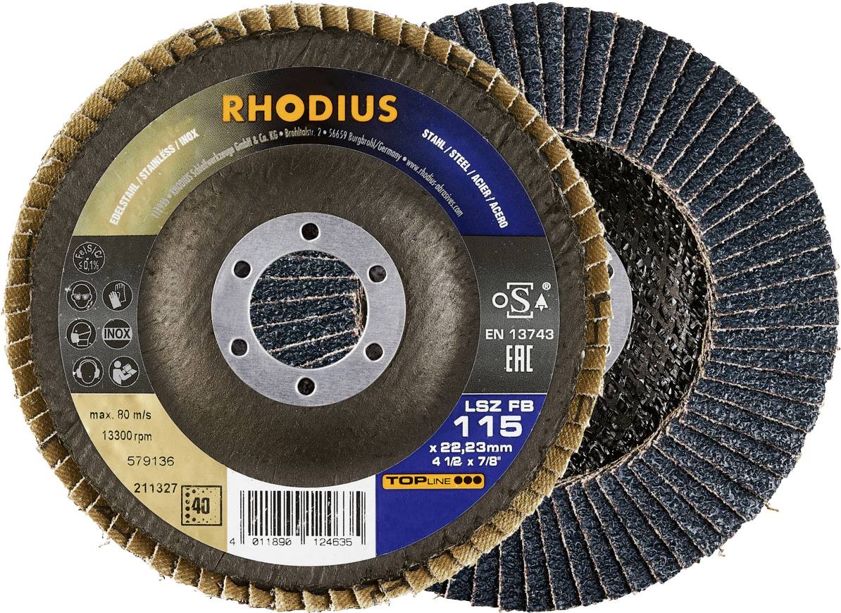 'RHODIUS grinding discs' depicted. A disc made from premium grinding material, suitable for metalworking, with specific product details.