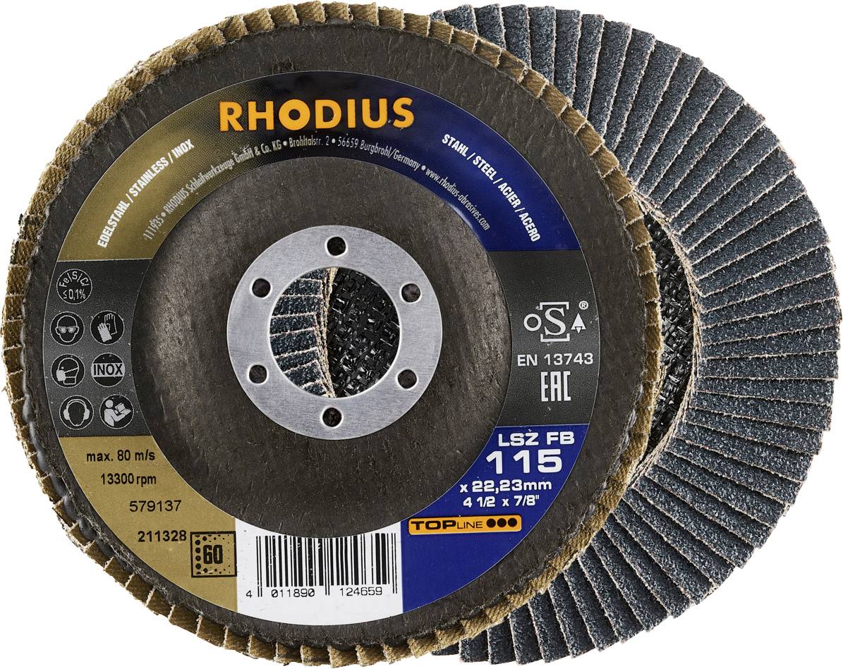 'Rhodius LSZ FB 115' flap disc with 60-grit, suitable for steel and stainless steel, max. 80 m/s, 13,300 rpm, hole diameter 22.23 mm.