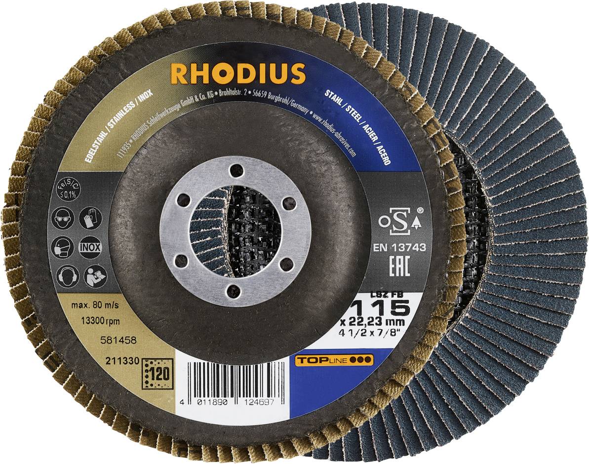 RHODIUS Grinding Disc, Topline 115 mm, max. 80 m/s, suitable for steel, stainless steel and Inox, product label and technical details visible.