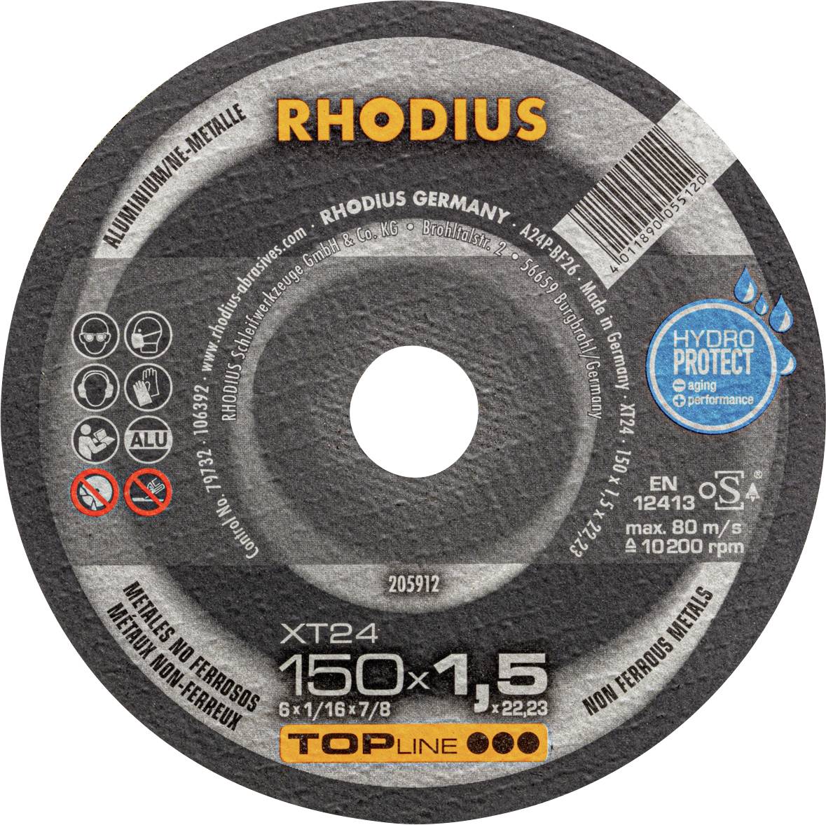 Rhodius grinding disc for metalworking, 150 mm diameter, 1.5 mm thickness, suitable for non-ferrous metals, safety symbols included.