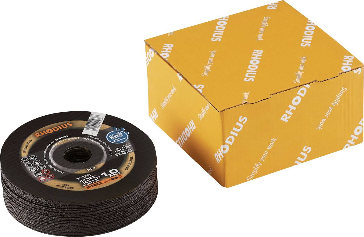 'RHODIUS' cutting disc set with 25 discs in an orange packaging.