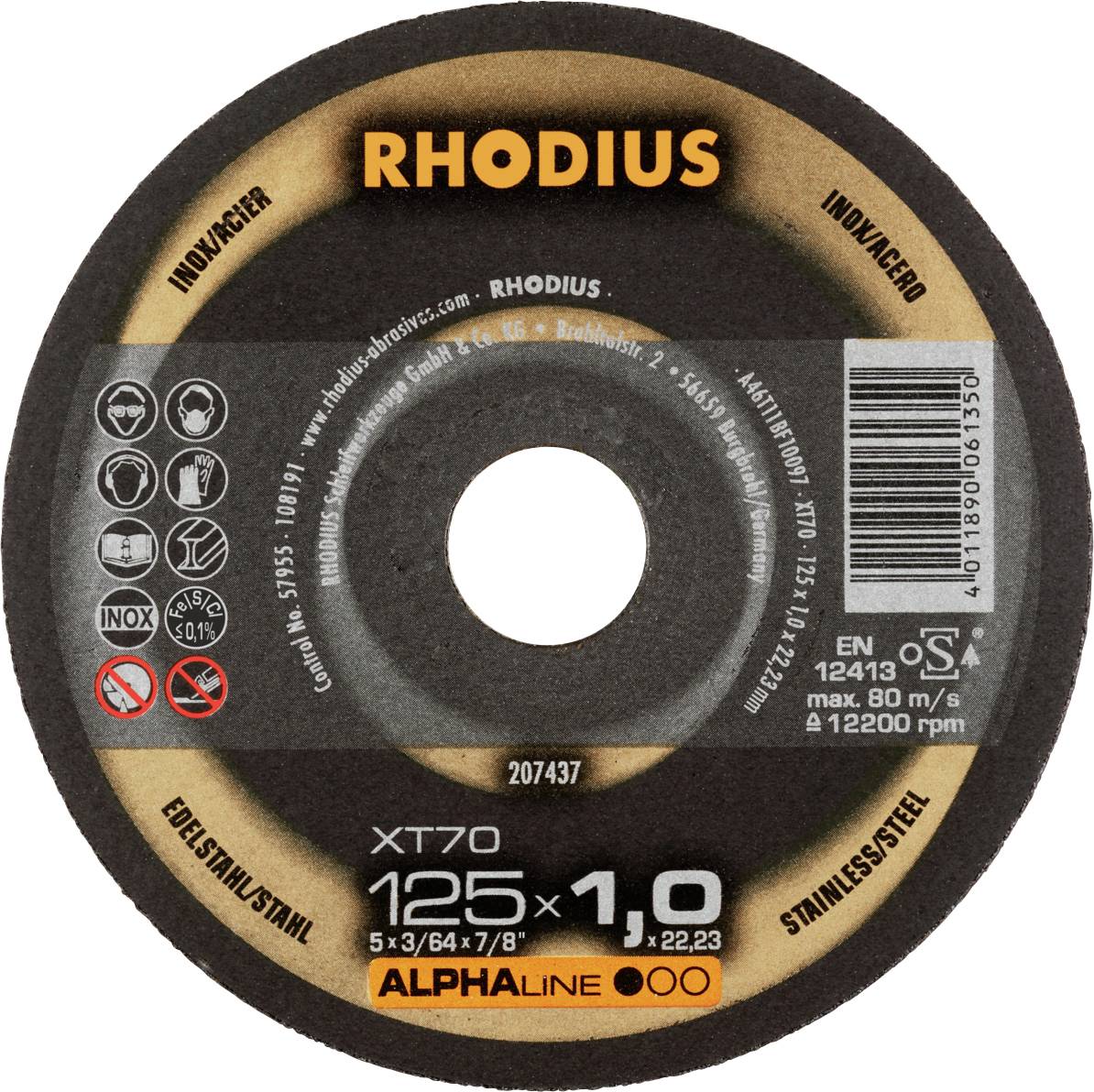 'RHODIUS' grinding disc for stainless steel, diameter 125 mm, thickness 1.0 mm, EN 12413 certified, max. 80 m/s at 12,200 rpm.