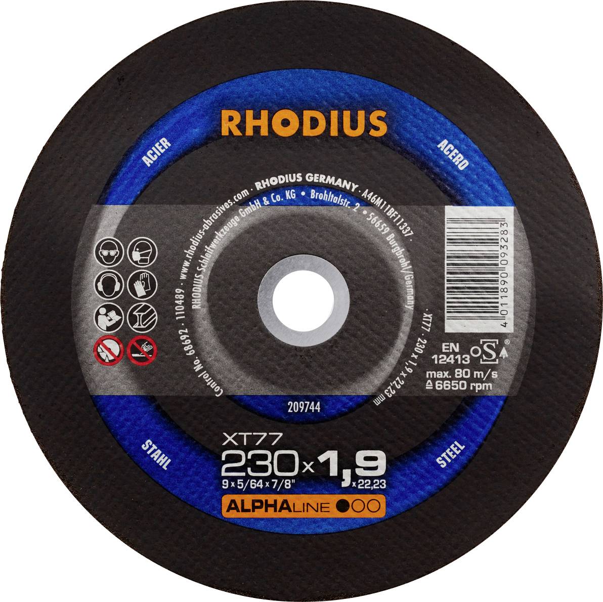 Rhodius grinding disc, model XT77, for steel, size 230x1.9 mm, max. 80 m/s, safety requirement symbols, barcode on right.