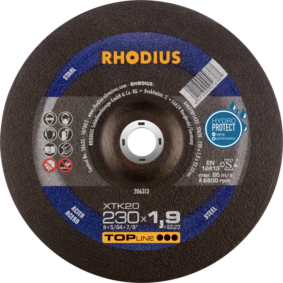 A cutting disc with 'RHODIUS' printed on it, 230 mm in diameter, suitable for steel. Safety symbols and technical specifications visible.