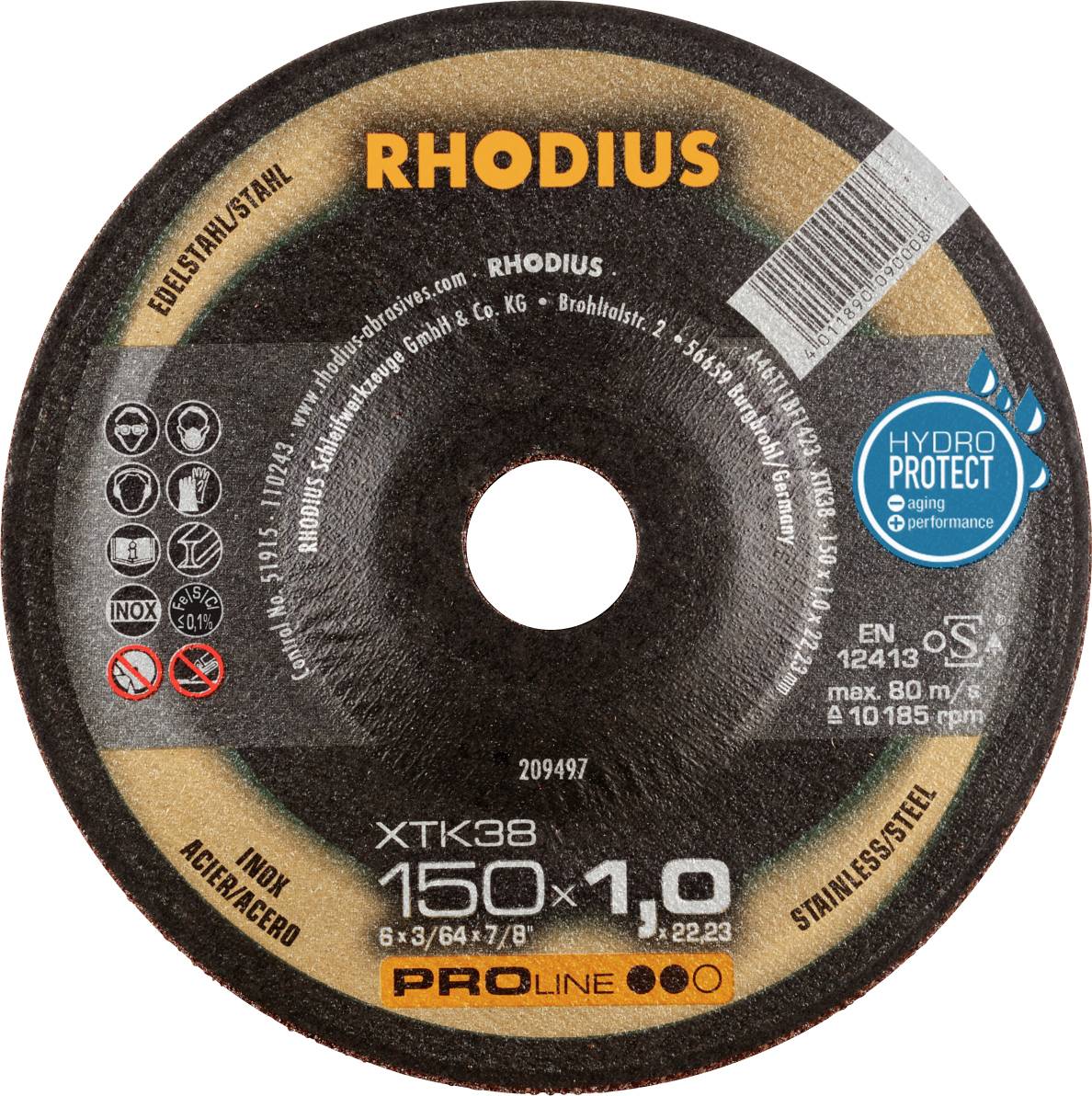 'RHODIUS XTK38 cutting disc' with 150 mm diameter, 1 mm thickness, suitable for stainless steel. Includes safety and application instructions.
