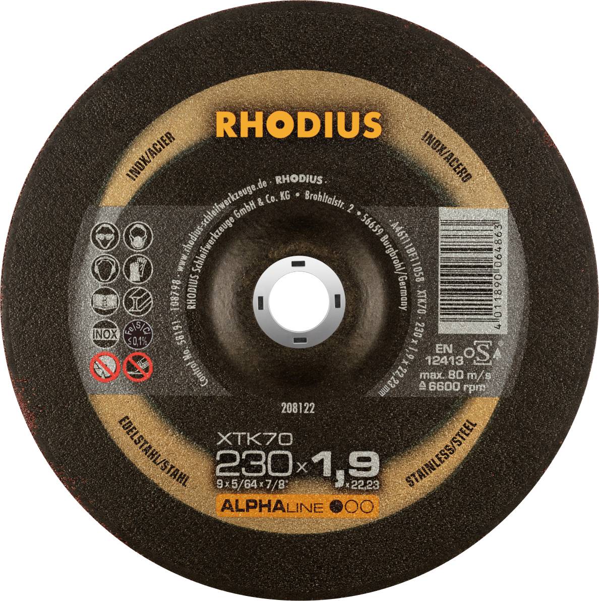 A Rhodius cutting disc XTK70, 230x1.9 mm, for stainless steel and steel. Max. 80 m/s, 6600 rpm, multiple application symbols.