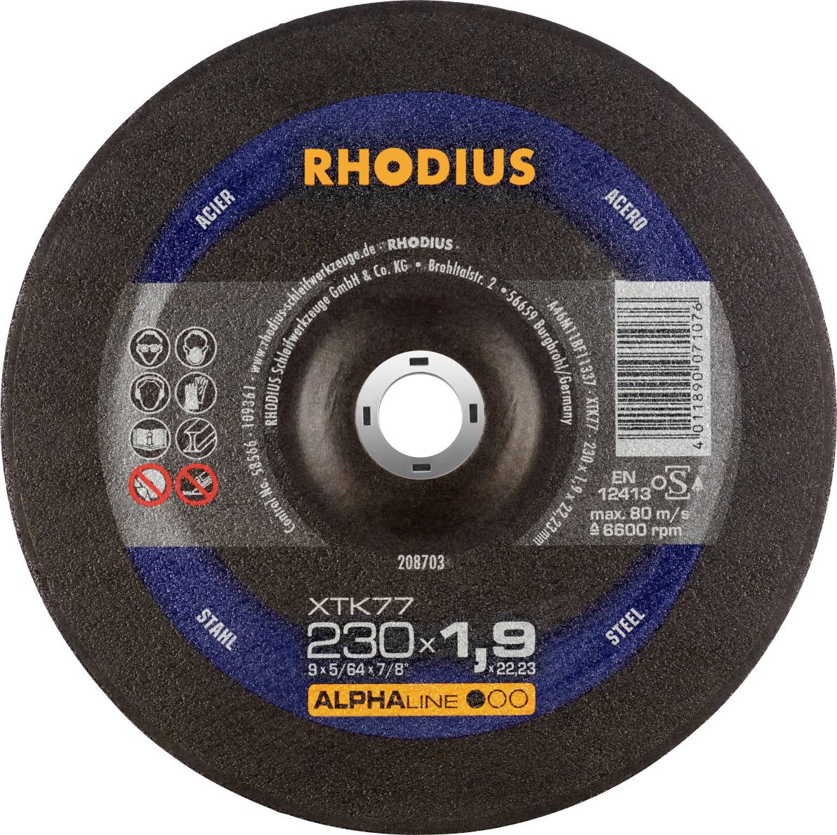 A Rhodius grinding disc, model XTK77, with a 230 mm diameter and 1.9 mm thickness. Suitable for steel machining.