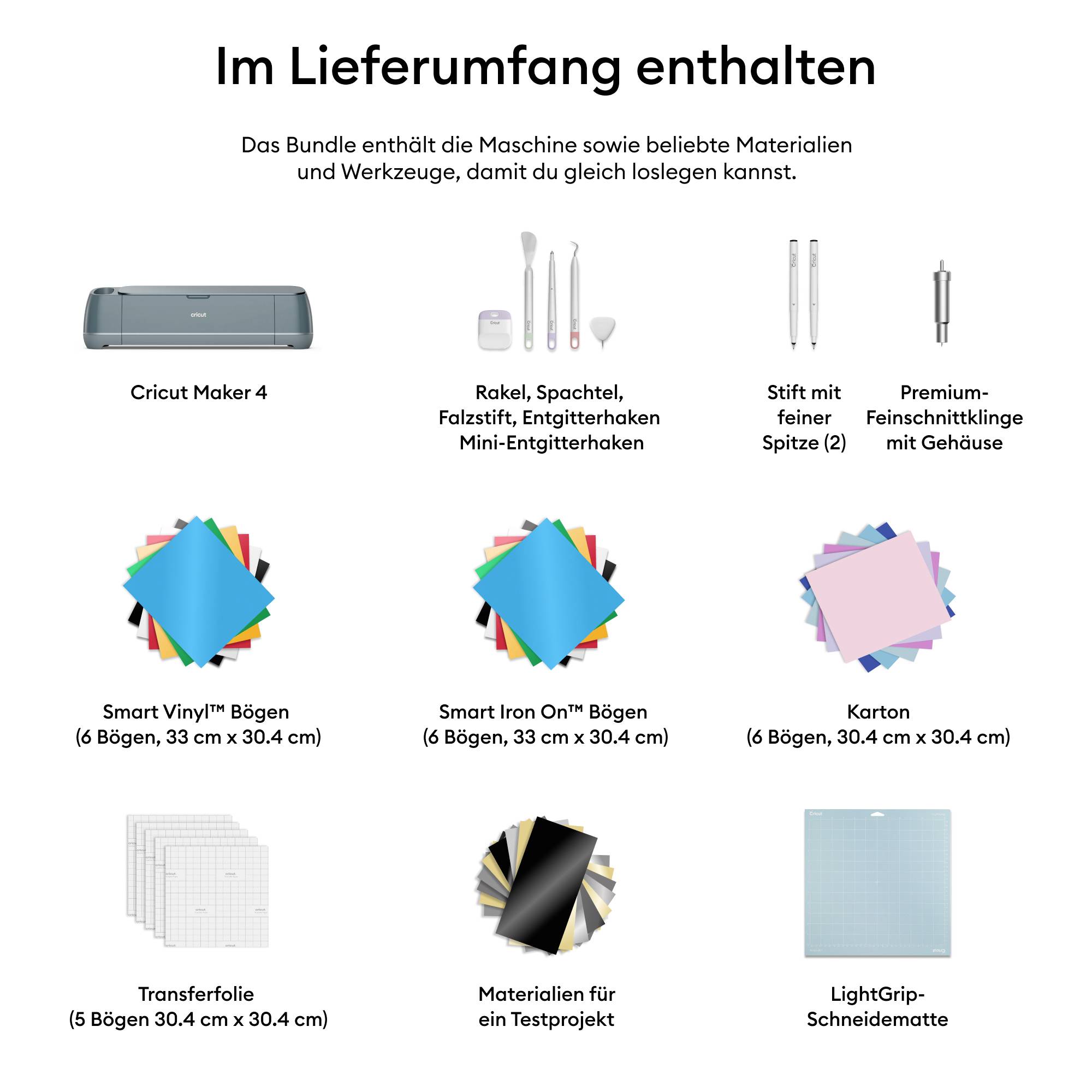 'Included in the delivery': Illustration of craft machine, tools and materials such as vinyl and iron-on sheets, cardboard, pens and more.