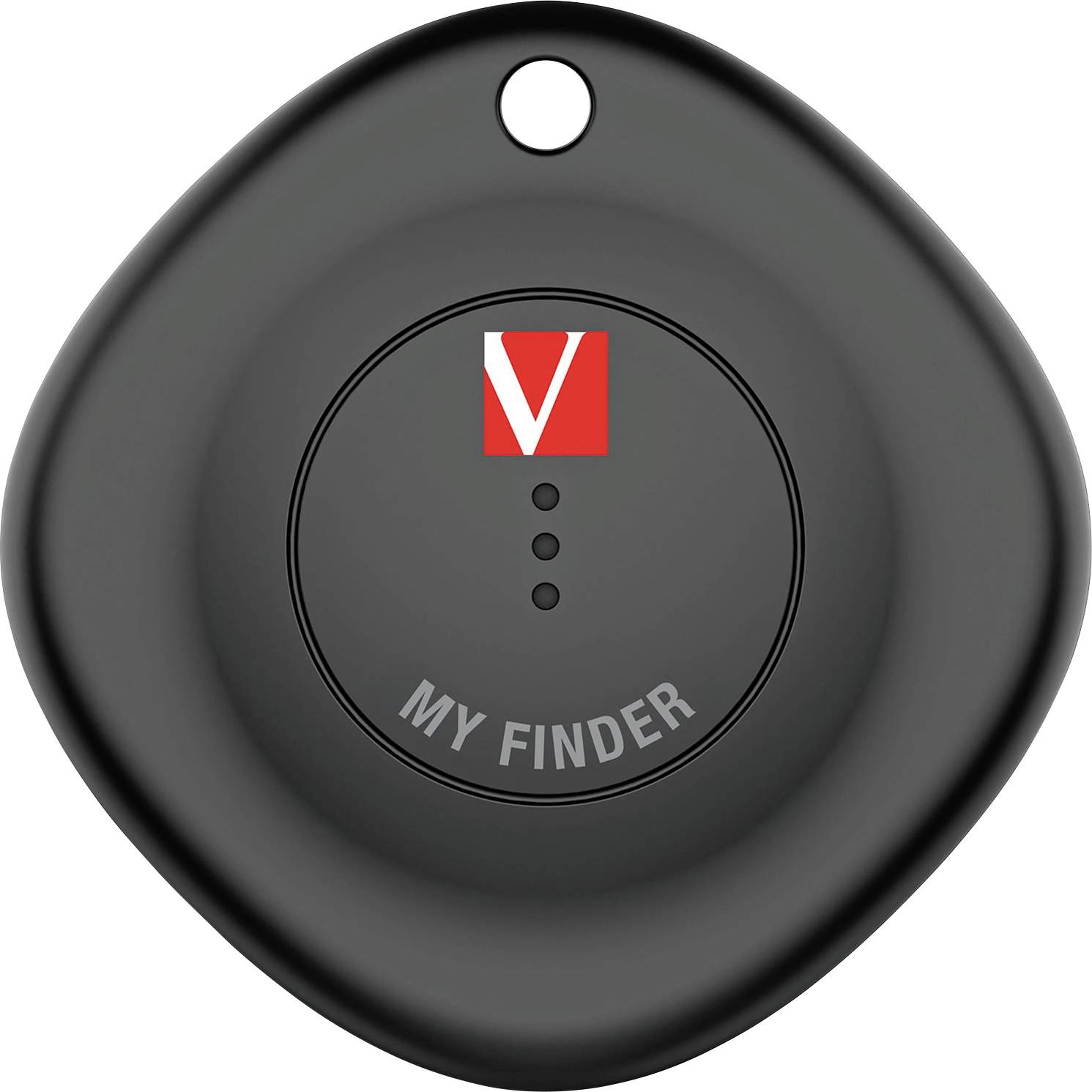 A black key fob with the inscription 'MY FINDER' and a red logo at the top. Used for locating items.