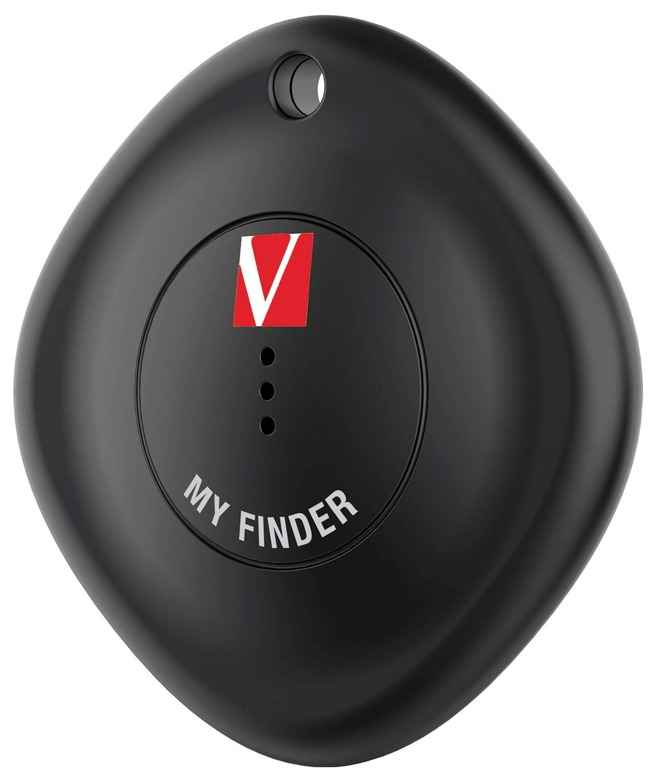 Black, oval tracking device with the inscription 'My Finder' and red logo at the top.