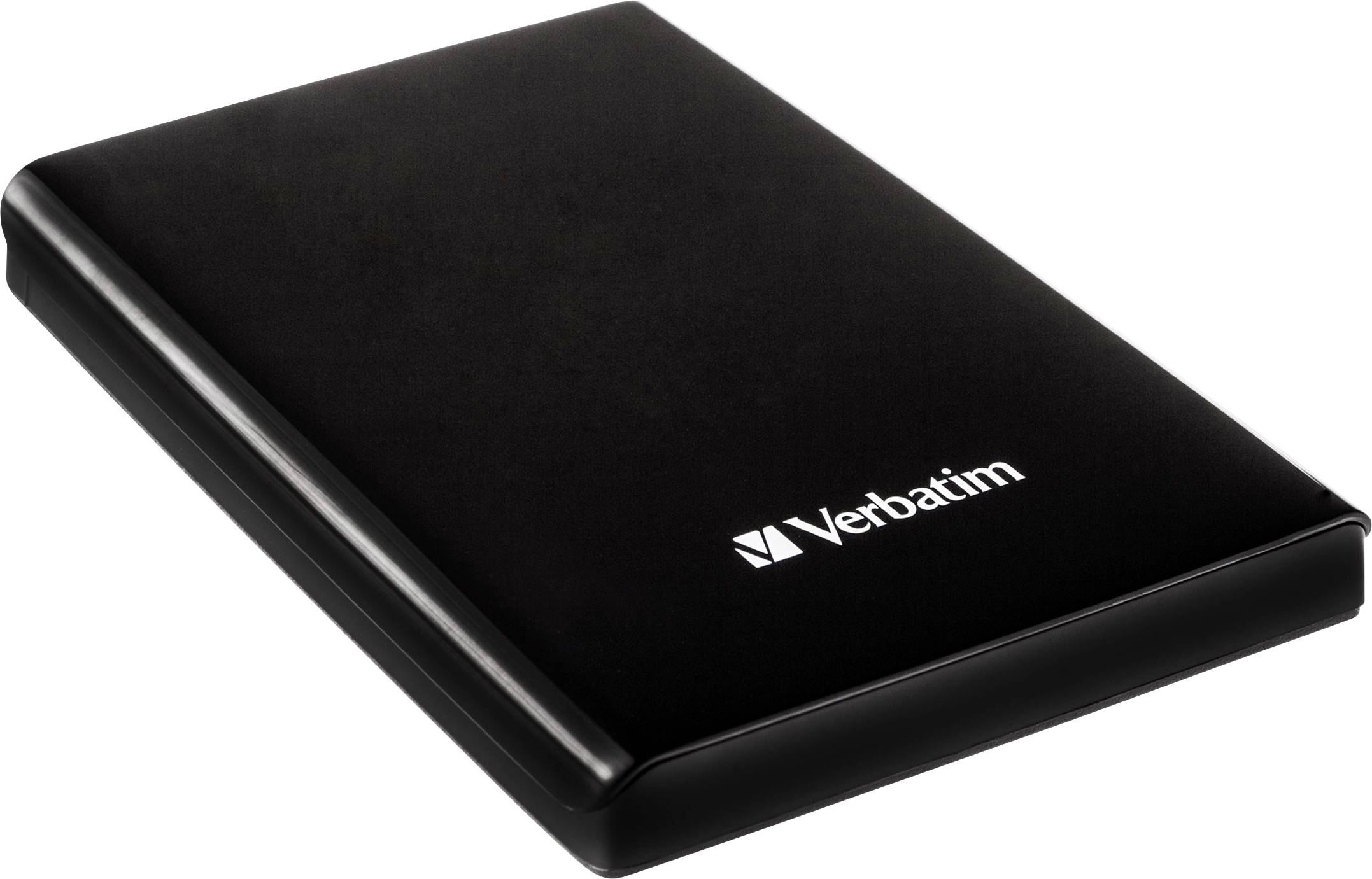 External, black Verbatim hard drive, slim and rectangular, suitable for data storage.