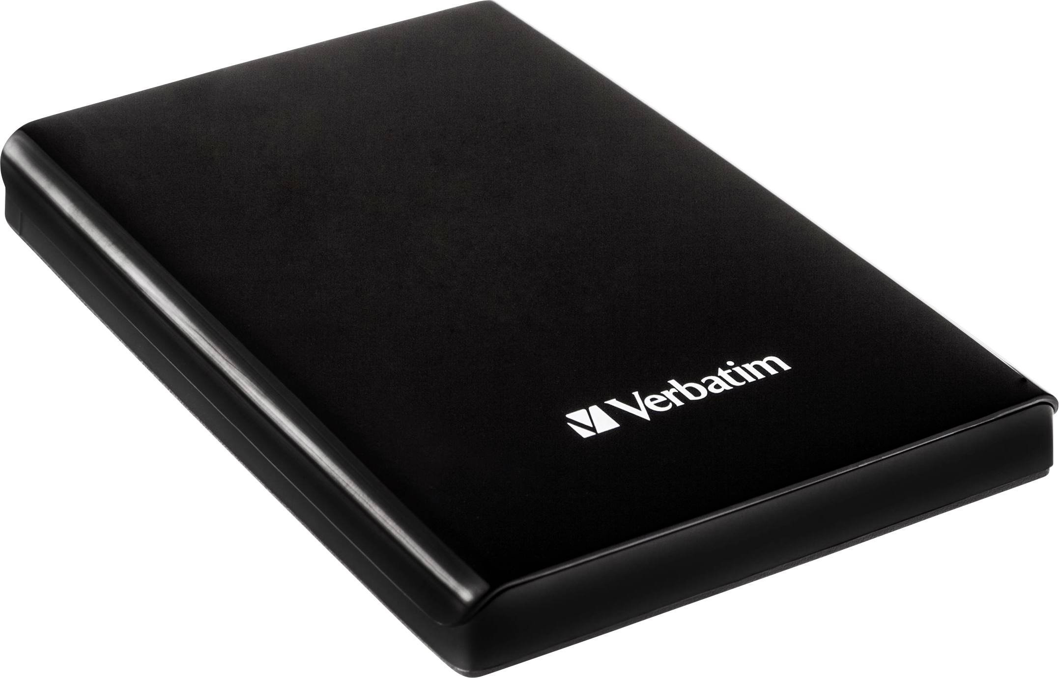 Black external hard drive by Verbatim. Elegant, compact design suitable for data storage and transportation.
