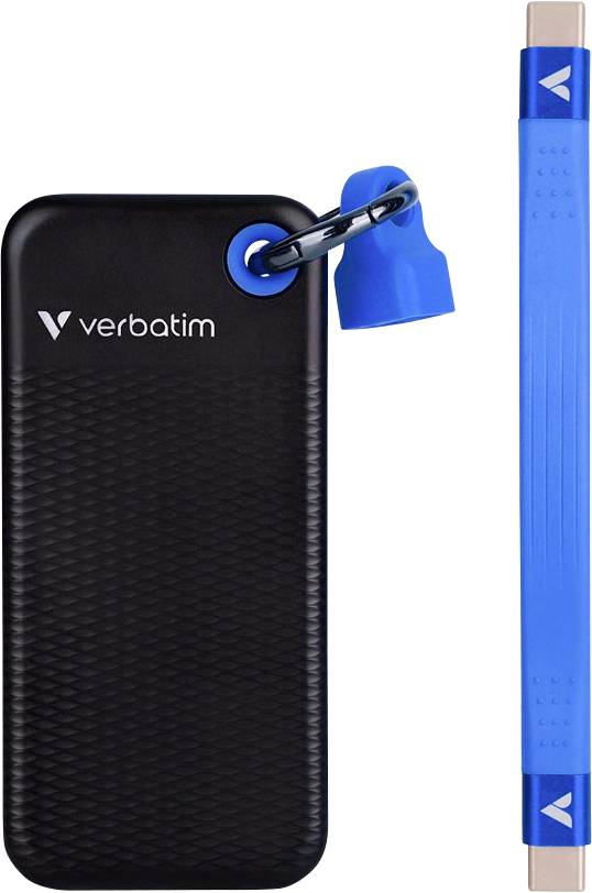 External SSD from Verbatim with USB connection, black casing, removable blue cap, suitable for data storage.