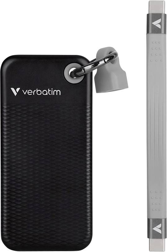 External black hard drive by Verbatim with grey silicone protection and USB-C connection, suitable for data storage and transfer.
