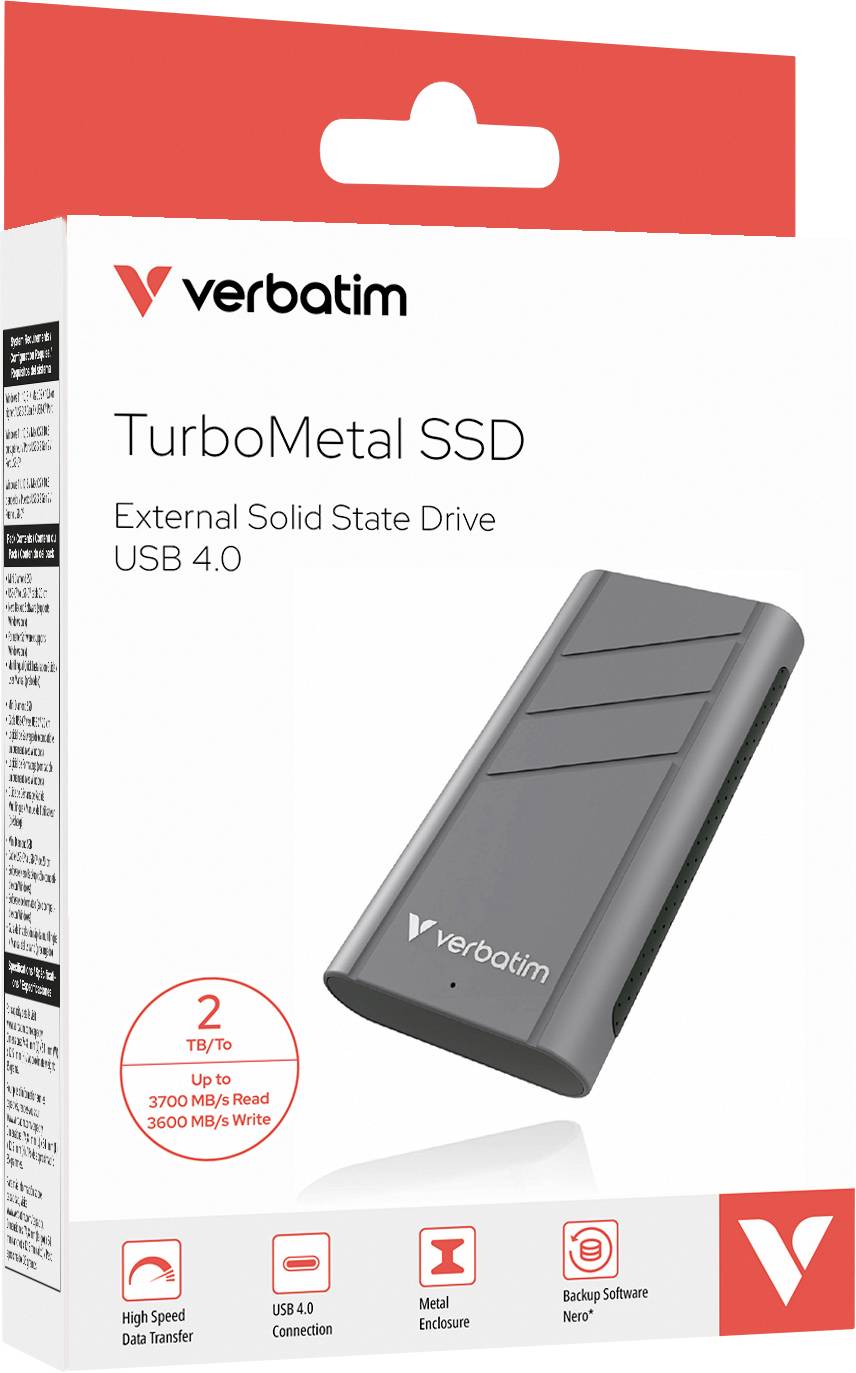 External TurboMetal SSD from Verbatim with USB 4.0, 2 TB storage. Pictured is the packaging, which emphasises fast data transfer.