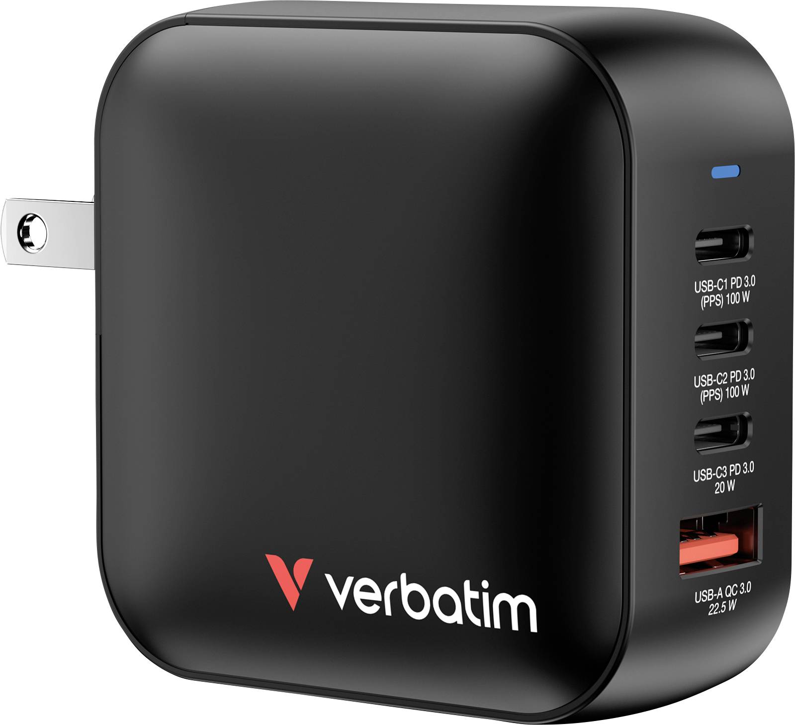 Verbatim Mini GaN Charger Travel charger 100 W 1x USB-A, 3x USB-C® Power Delivery, Power Delivery 3.0, QC 3.0 Black Quick charger