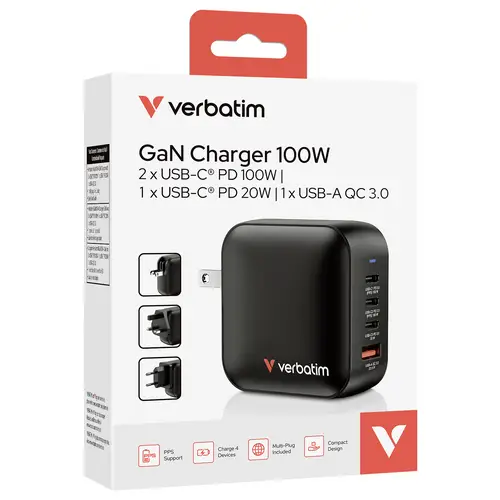 Verbatim Mini GaN Charger Travel charger 100 W 1x USB-A, 3x USB-C® Power Delivery, Power Delivery 3.0, QC 3.0 Black Quick charger Verbatim Mini GaN Charger Travel charger 100 W 1x USB-A, 3x USB-C® Power Delivery, Power Delivery 3.0, QC 3.0 Black Quick charger