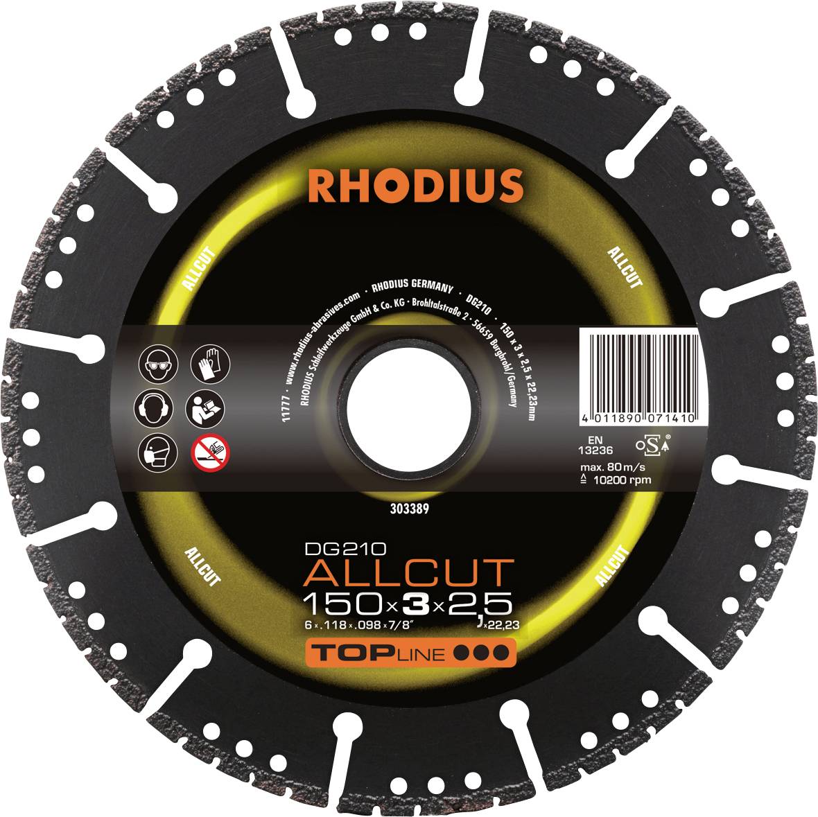 Black cutting disc with 'RHODIUS' inscription. Print: 'ALLCUT 150x3x25'. Suitable for various materials.
