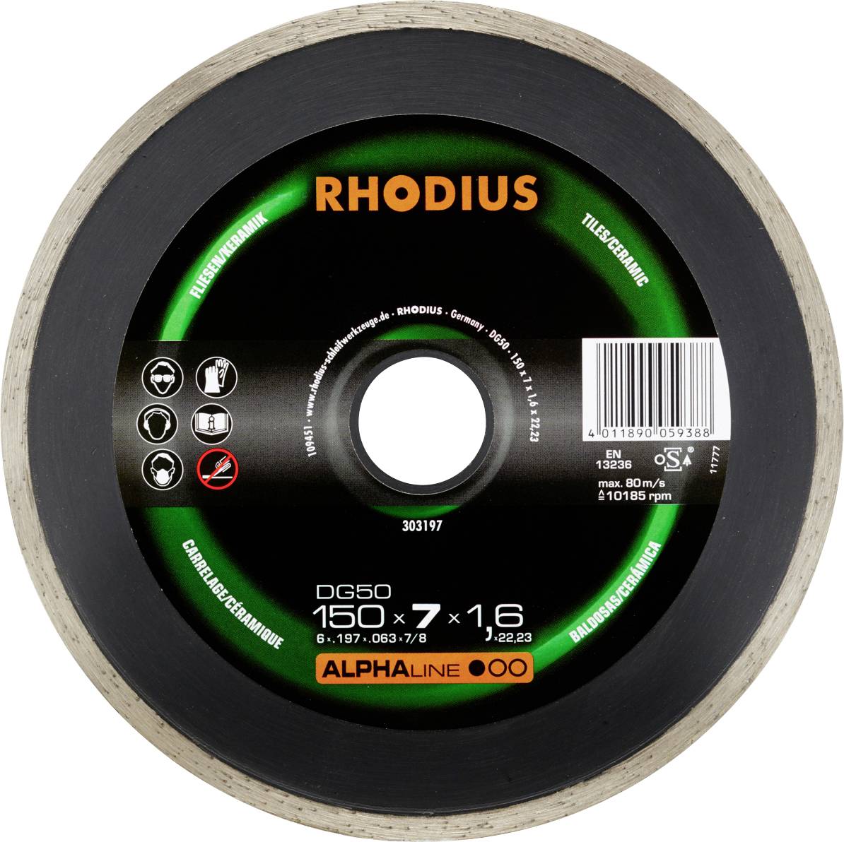 'RHODIUS Cutting Disc 160 x 7 x 1.6' on a black background. Brand name at the top, product specifications underneath, encircled by a silver border.