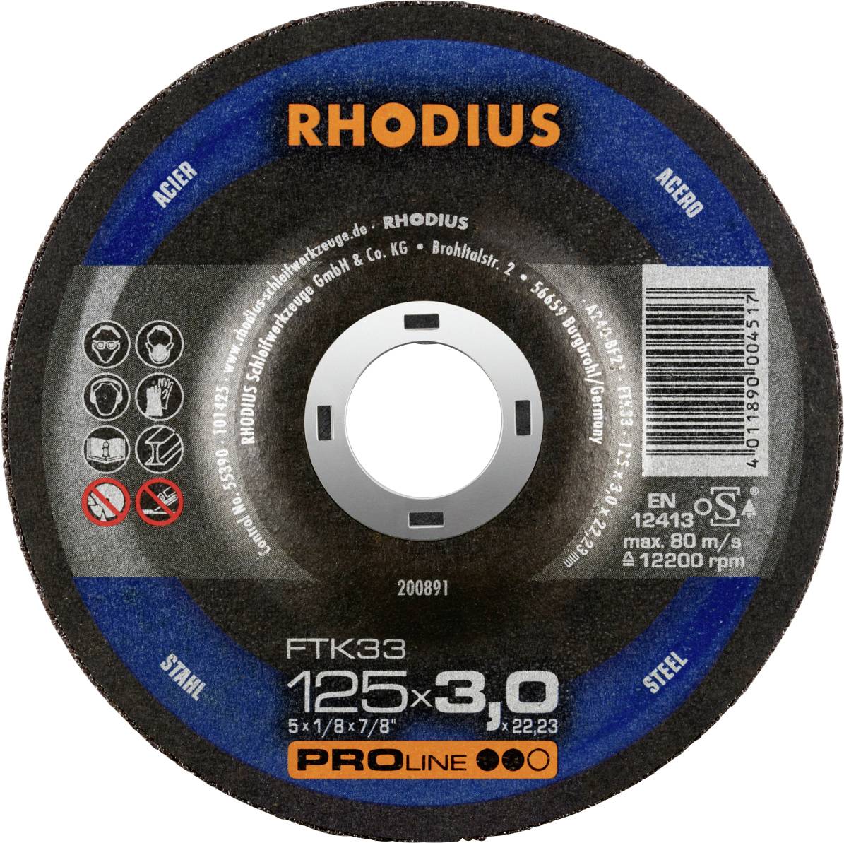 'RHODIUS' cutting disc for steel, 125 mm diameter, 3 mm thickness, max. 80 m/s speed, for use with angle grinders.