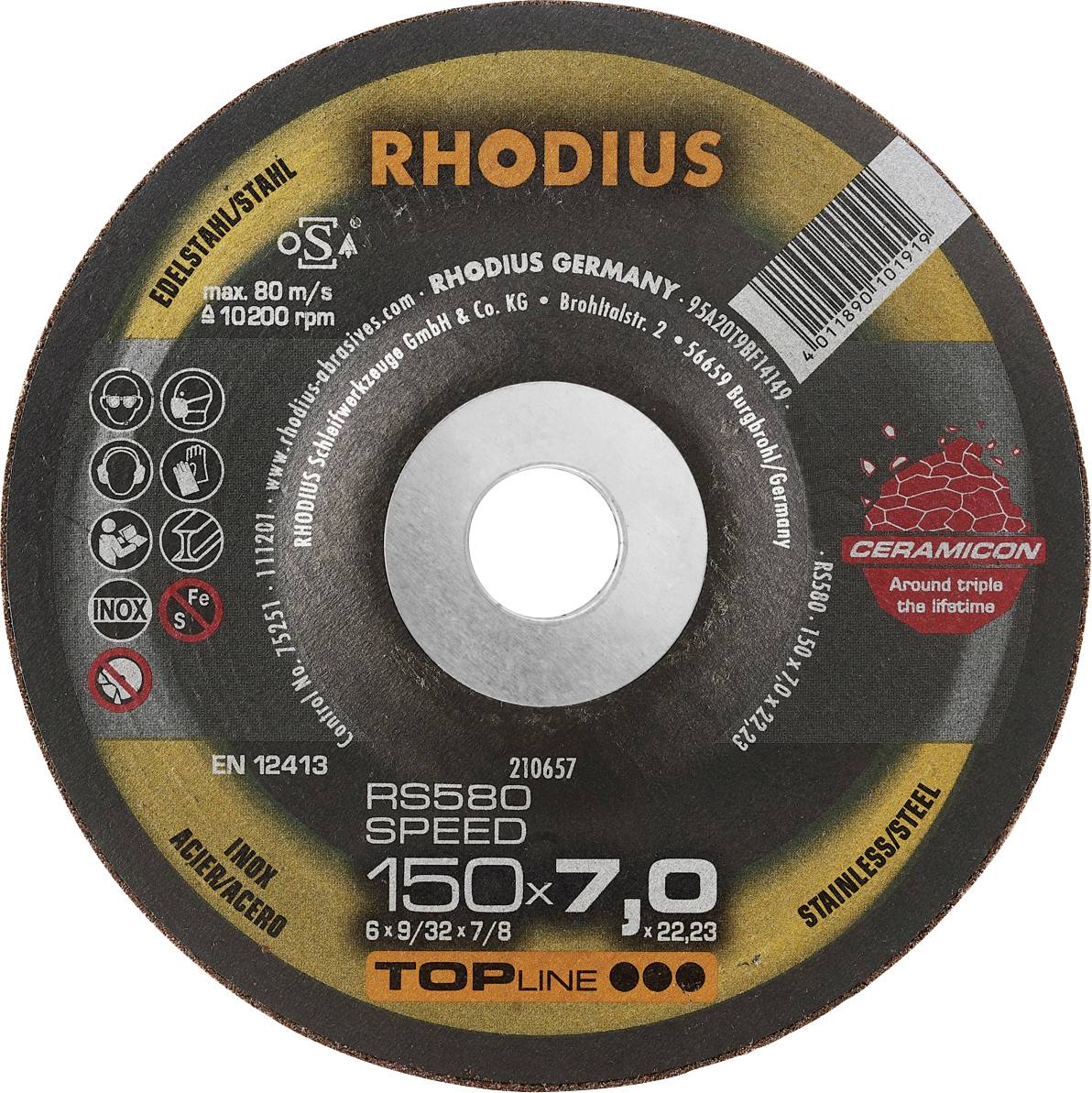Rhodius grinding disc, model RS580 Speed, 150x7.0 mm. Suitable for stainless steel. Rotation 80 m/s, 12,200 rpm.