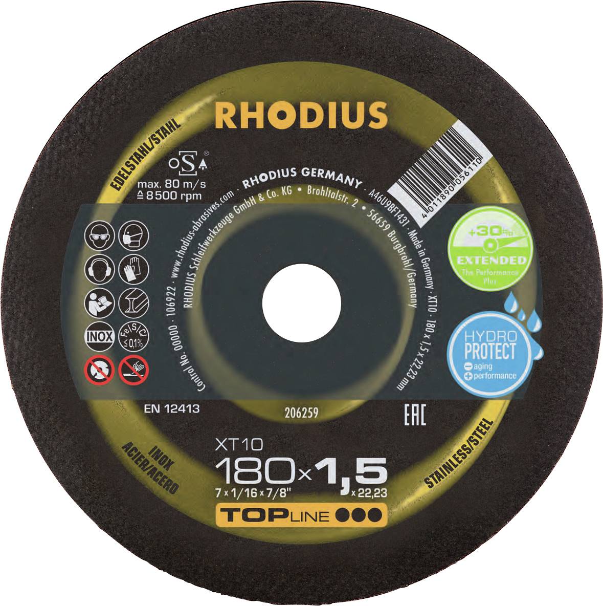 Rhodius grinding disc, 180 mm diameter, 1.5 mm thick, suitable for stainless steel. Includes symbols for safety and extended service life.