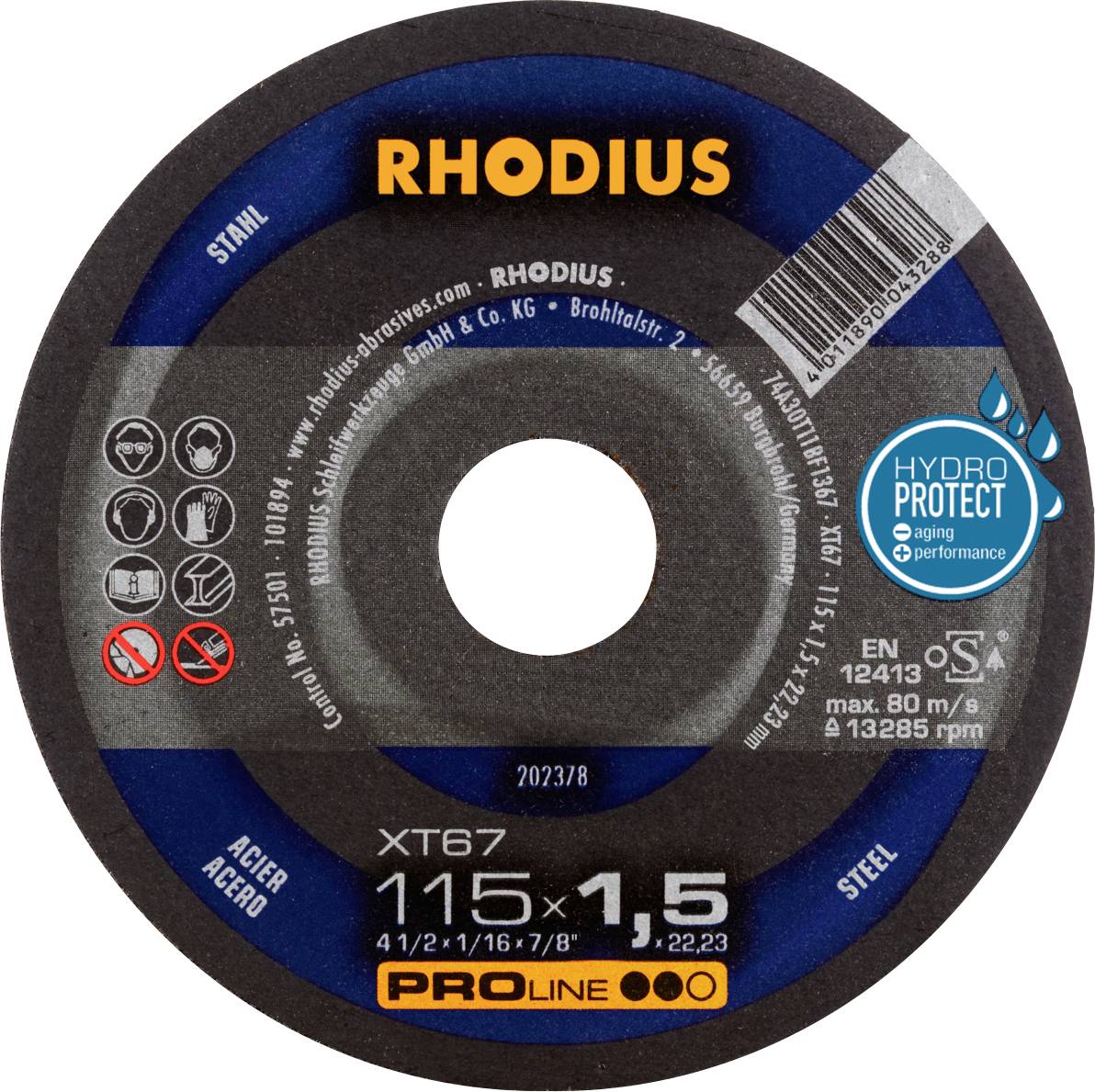 Grinding disc with the inscription 'RHODIUS'. Diameter 115 x 1.5 mm, HydroProtect, suitable for steel. Manufacturer details and safety symbols visible.