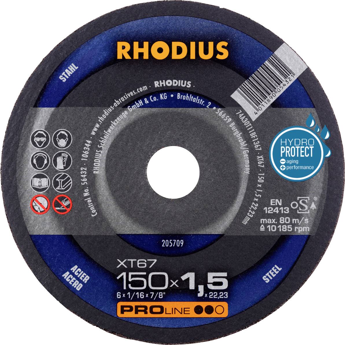 'Rhodius XT67' cutting disc for steel, diameter 150 mm, cutting width 1.5 mm. Suitable for high safety and performance.