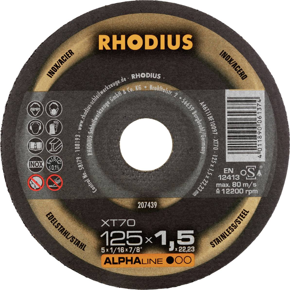 Grinding disc with 'RHODIUS' label, diameter 125 mm, thickness 1.5 mm, suitable for stainless steel, maximum 80 m/s and 12,200 rpm.