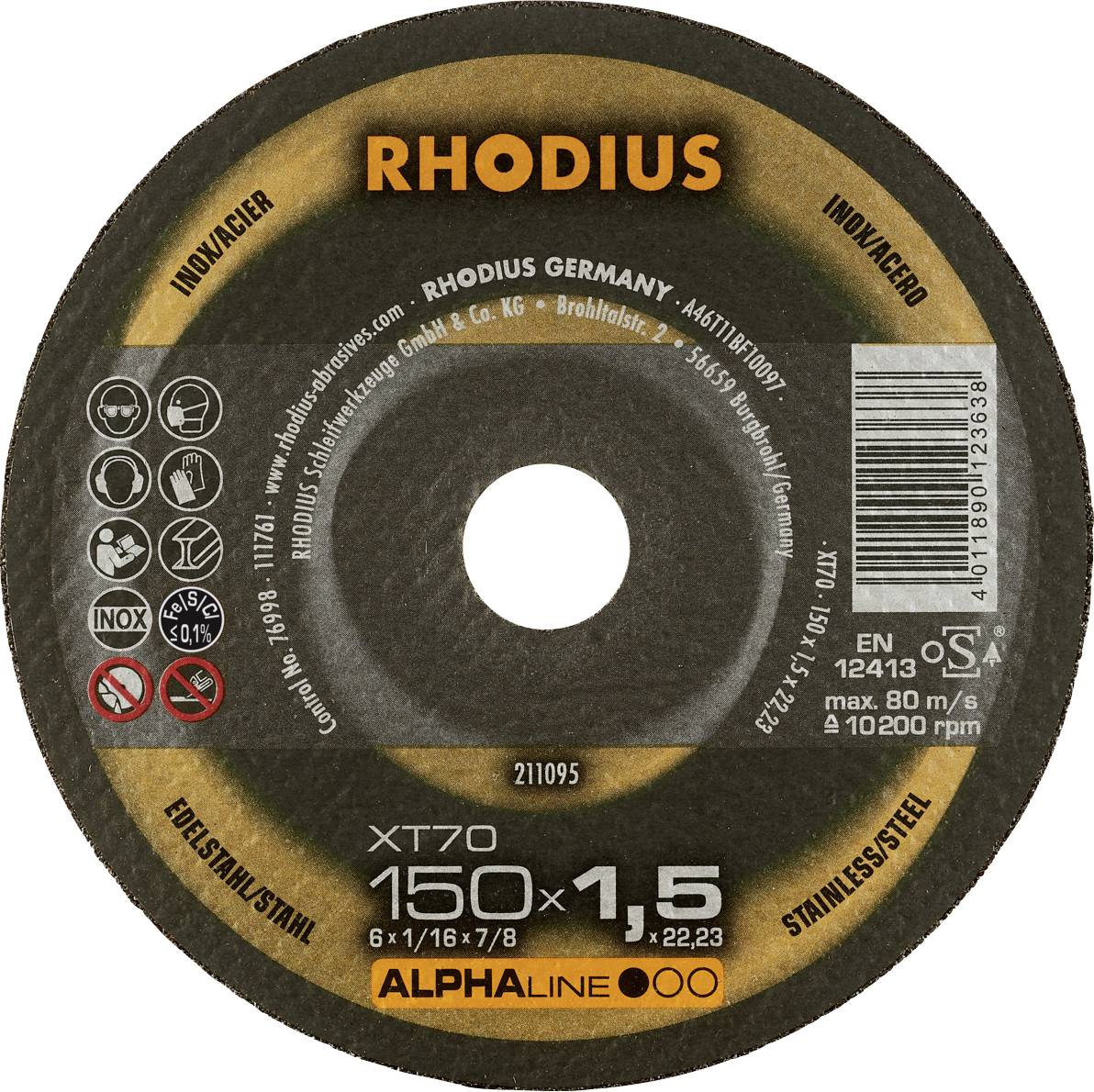 Grinding disc 'RHODIUS' for stainless steel, diameter 150 mm, thickness 1.5 mm, max. 12,200 rpm.
