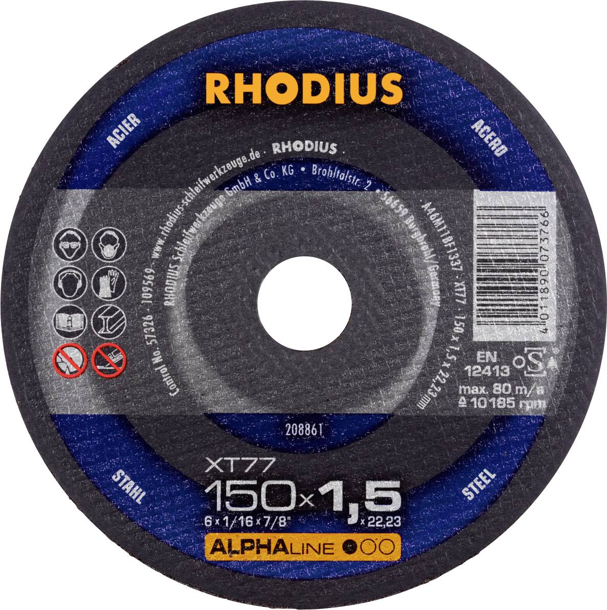 Rhodius brand grinding disc, XT77 model, 150 mm diameter, specifically developed for steel and stainless steel.