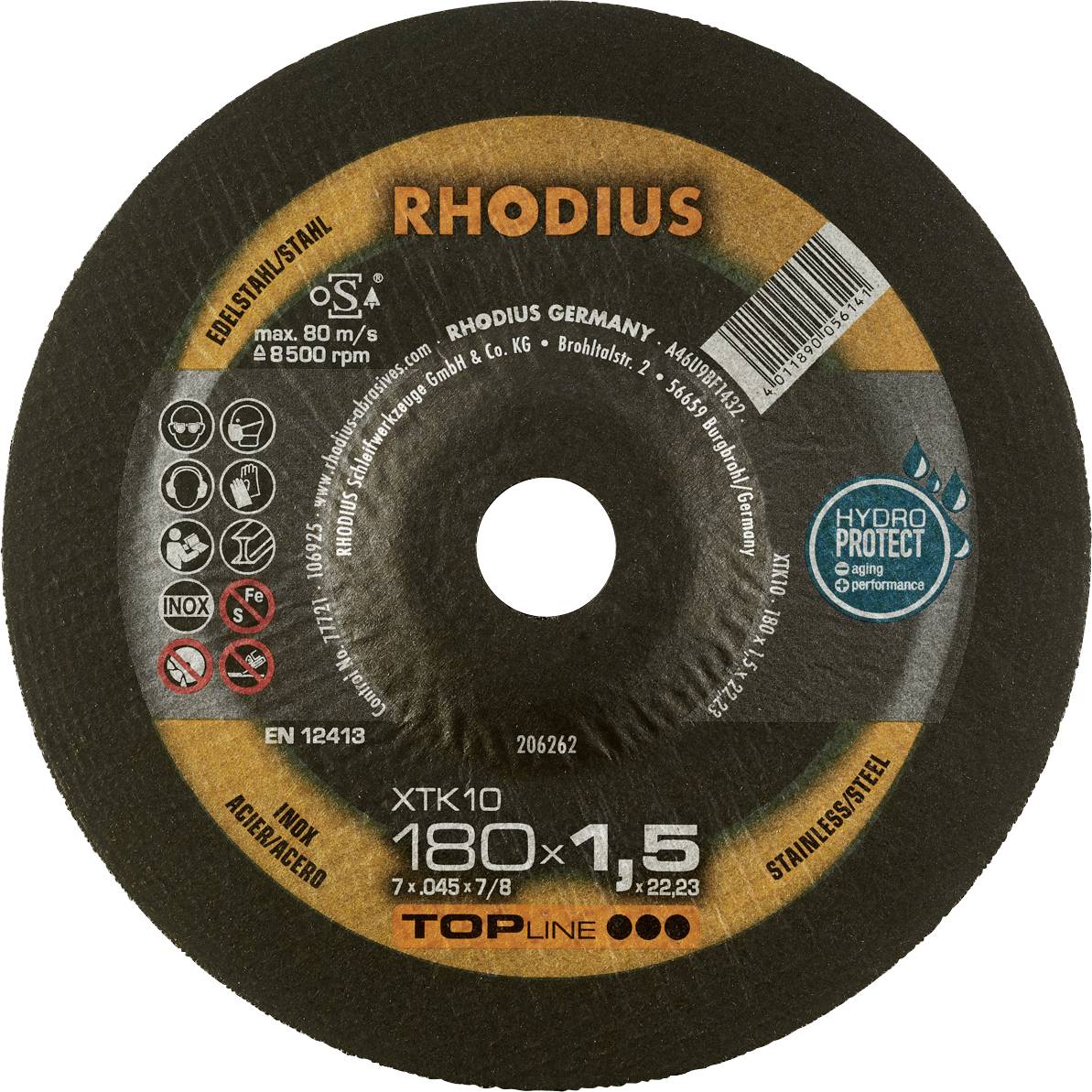 Grinding disc with 'RHODIUS' inscription, suitable for stainless steel, maximum rotational speed 80 m/s, diameter 180 mm, thickness 1.5 mm.