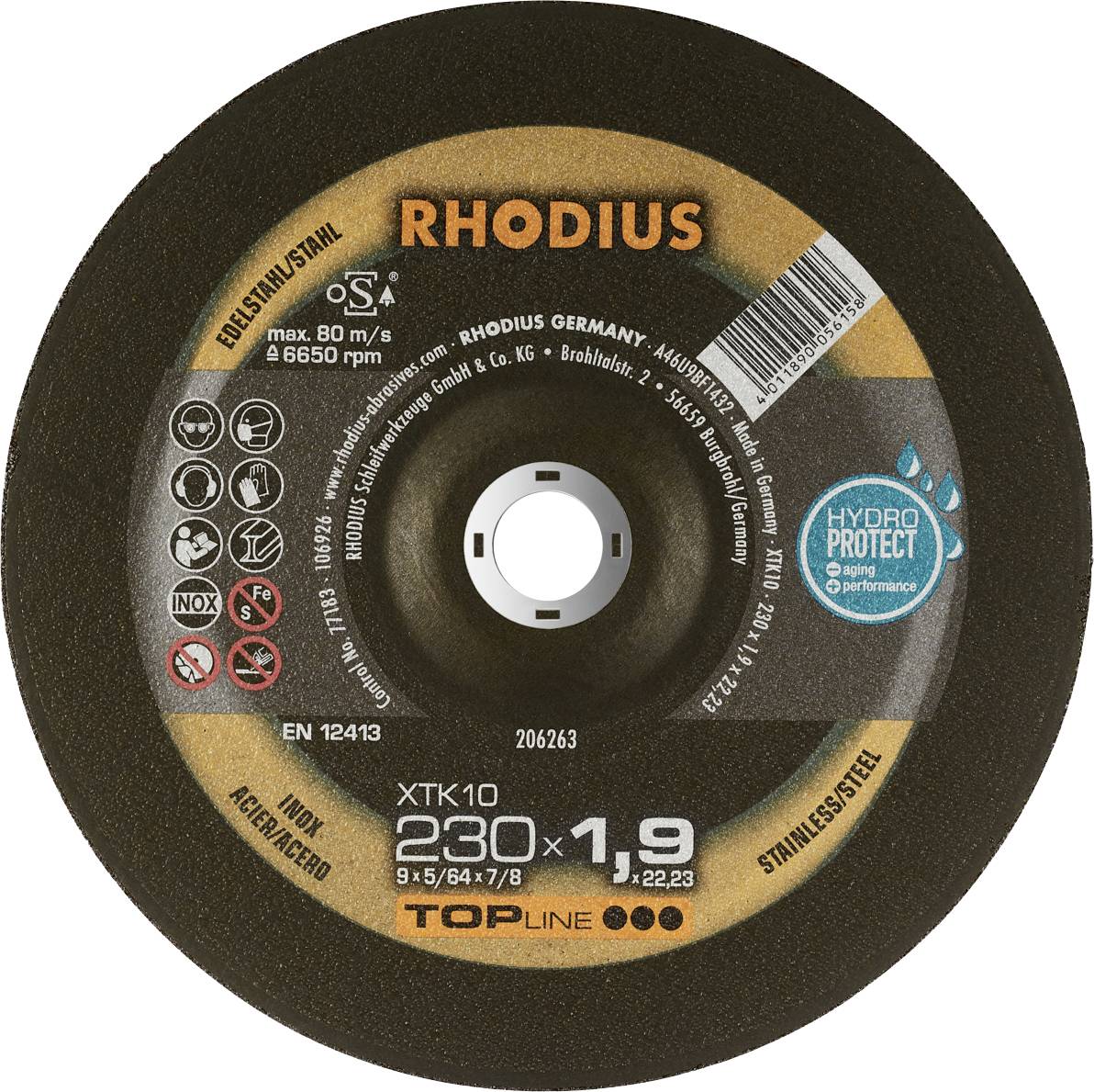 Rhodius grinding disc, suitable for steel and stainless steel, maximum speed 80 m/s, 230 mm x 1.9 mm, HydroProtect coating.