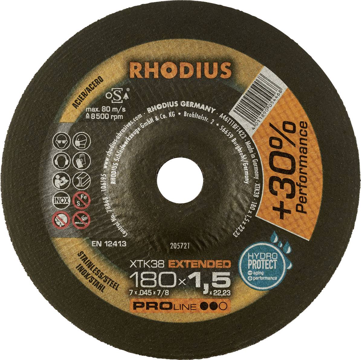 Grinding disc with the inscription 'RHODIUS +30% Performance', diameter 180x1.5 mm, suitable for stainless steel and steel with HydroProtect.