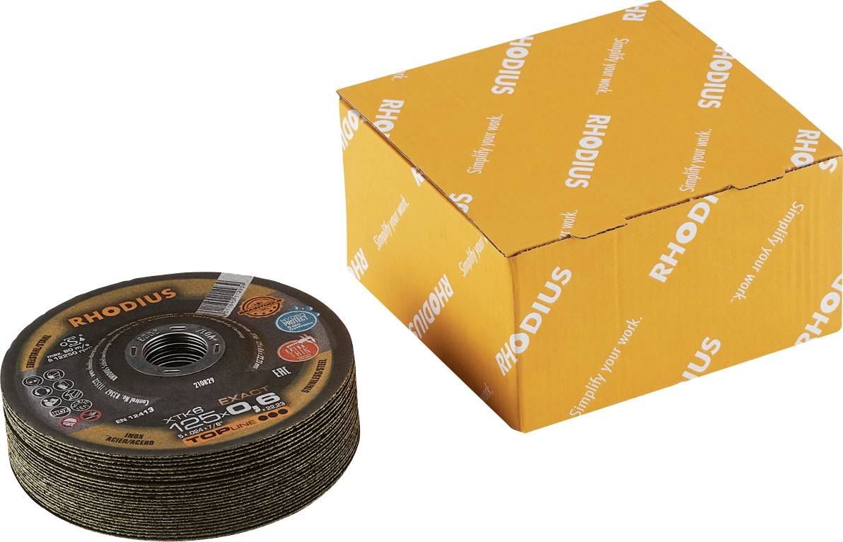 Stack of grinding discs with a label reading 'RHODIUS Topline'; next to an orange box with the same logo.