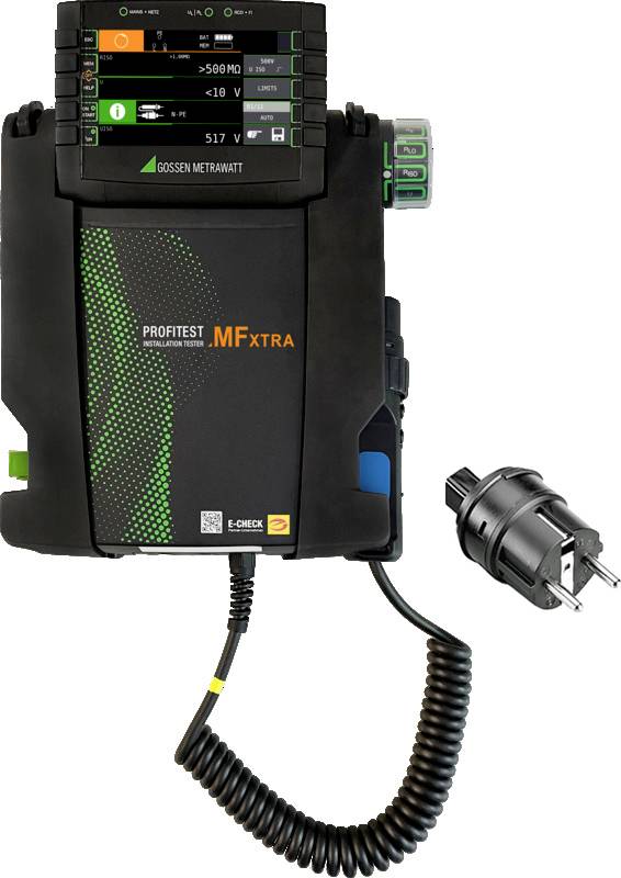Portable testing device for measuring electrical installations. Screen displays multiple electrical parameters. Cables and plugs are visible.